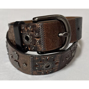 Vintage Y2K Fossil Small Leather Belt Patchwork Floral Studded Cowhide Tooled
